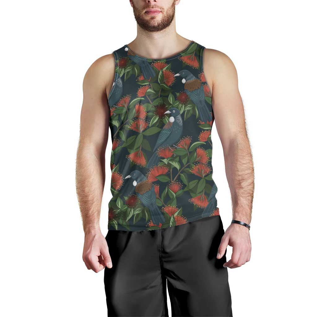 New Zealand Christmas Men Tank Top Romantic Tui Birds on Pohutukawa - Cobalt - Polynesian Pride