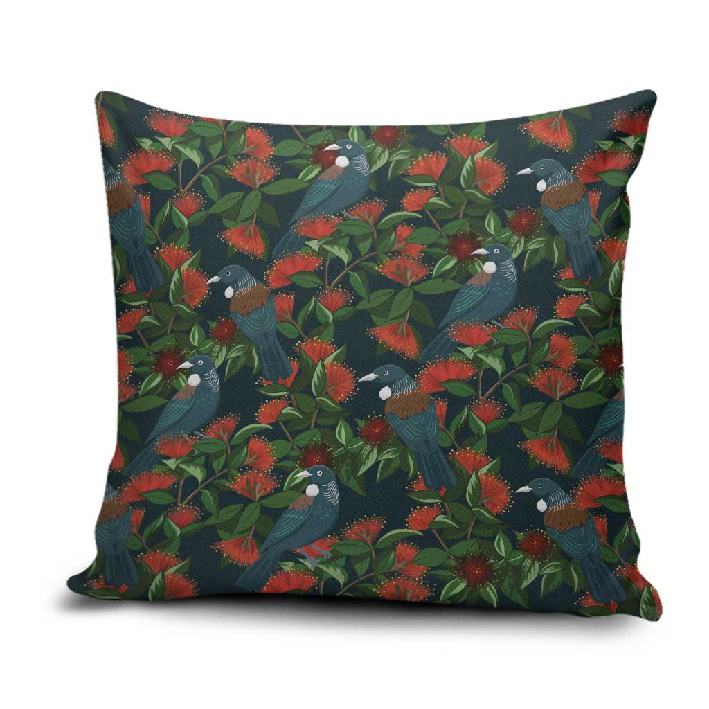 New Zealand Christmas Pillow Cover Romantic Tui Birds on Pohutukawa - Cobalt - Polynesian Pride