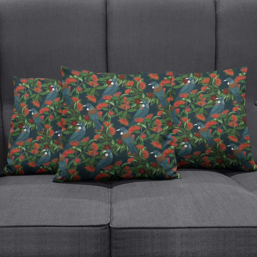 New Zealand Christmas Pillow Cover Romantic Tui Birds on Pohutukawa - Cobalt - Polynesian Pride