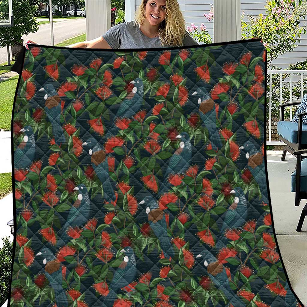 New Zealand Christmas Quilt Romantic Tui Birds on Pohutukawa - Cobalt - Polynesian Pride