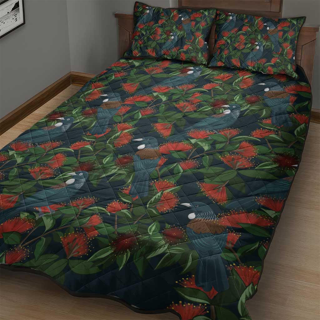 New Zealand Christmas Quilt Bed Set Romantic Tui Birds on Pohutukawa - Cobalt - Polynesian Pride