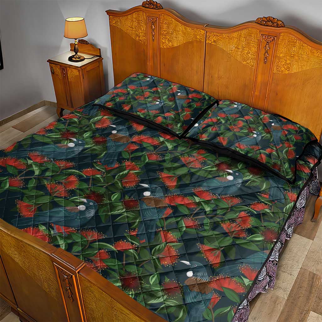New Zealand Christmas Quilt Bed Set Romantic Tui Birds on Pohutukawa - Cobalt - Polynesian Pride