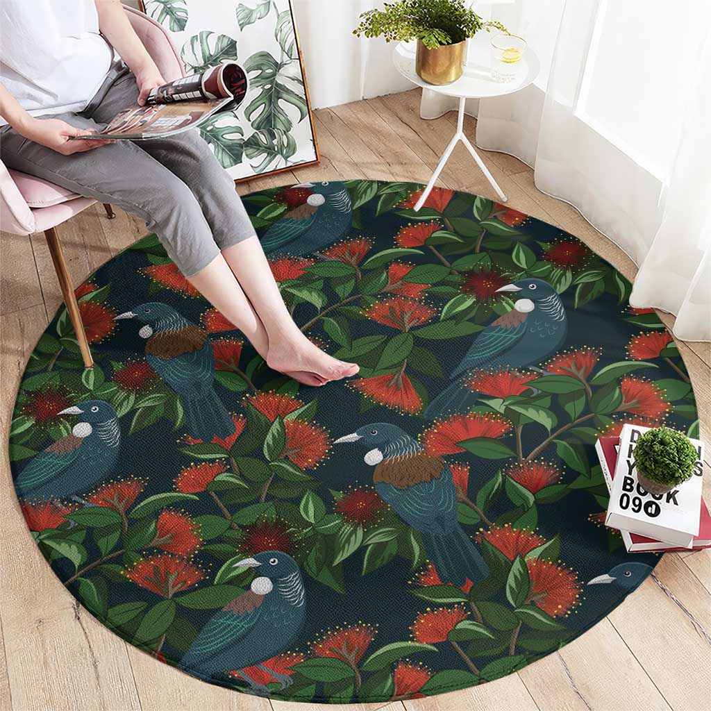 New Zealand Christmas Round Carpet Romantic Tui Birds on Pohutukawa - Cobalt - Polynesian Pride