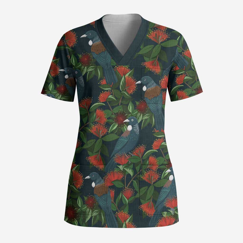New Zealand Christmas Scrub Top Romantic Tui Birds on Pohutukawa - Cobalt - Polynesian Pride