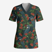 New Zealand Christmas Scrub Top Romantic Tui Birds on Pohutukawa - Cobalt - Polynesian Pride