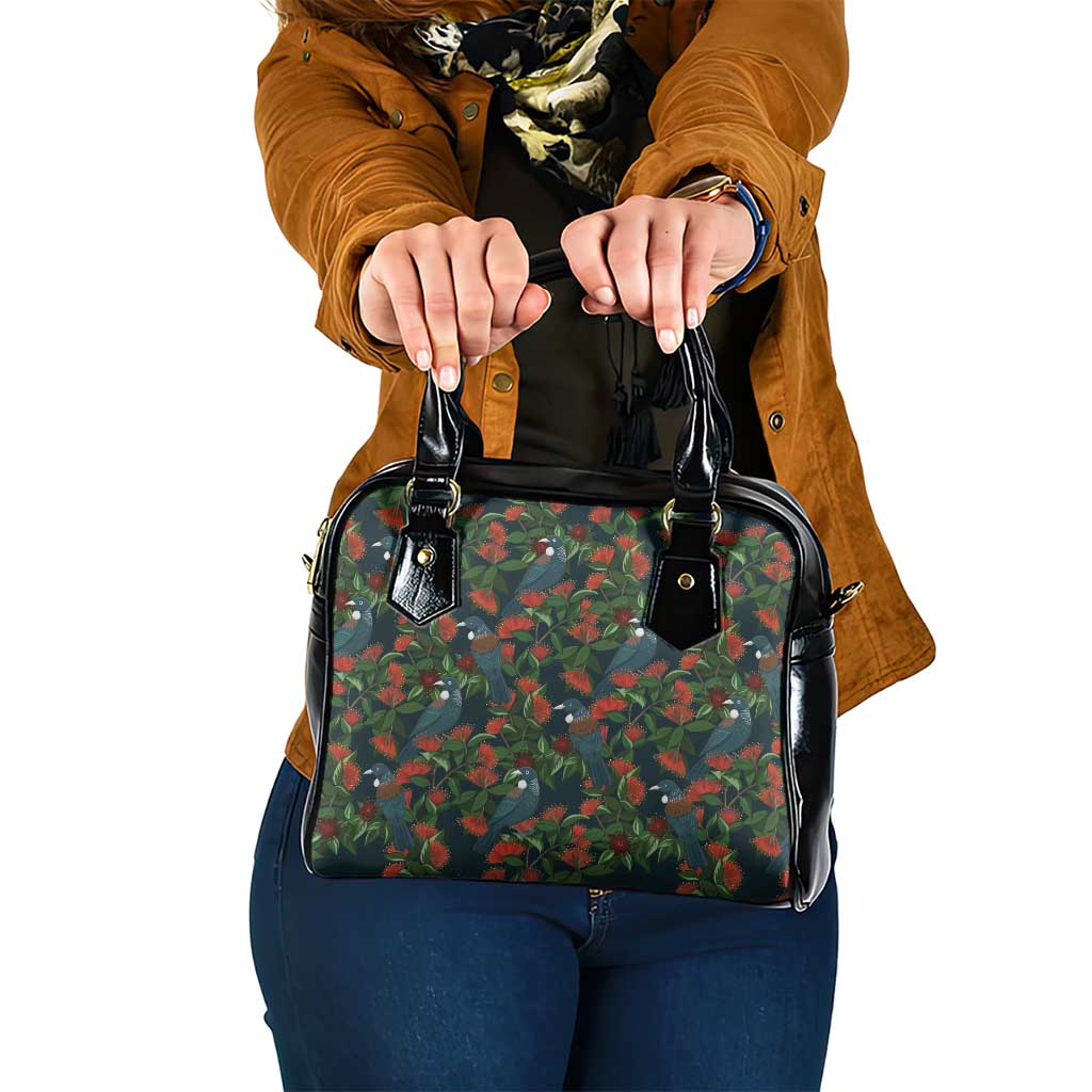 New Zealand Christmas Shoulder Handbag Romantic Tui Birds on Pohutukawa - Cobalt - Polynesian Pride