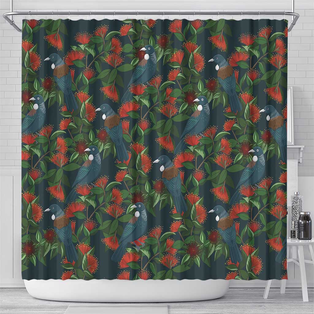 New Zealand Christmas Shower Curtain Romantic Tui Birds on Pohutukawa - Cobalt - Polynesian Pride