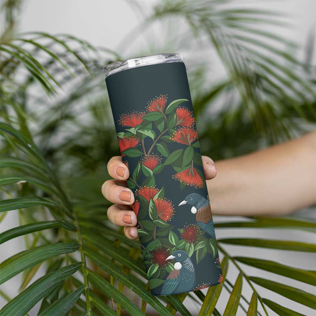 New Zealand Christmas Skinny Tumbler Romantic Tui Birds on Pohutukawa - Cobalt - Polynesian Pride
