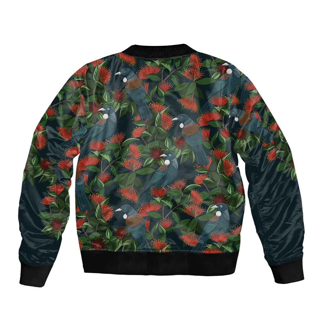 New Zealand Christmas Sleeve Zip Bomber Jacket Romantic Tui Birds on Pohutukawa - Cobalt - Polynesian Pride