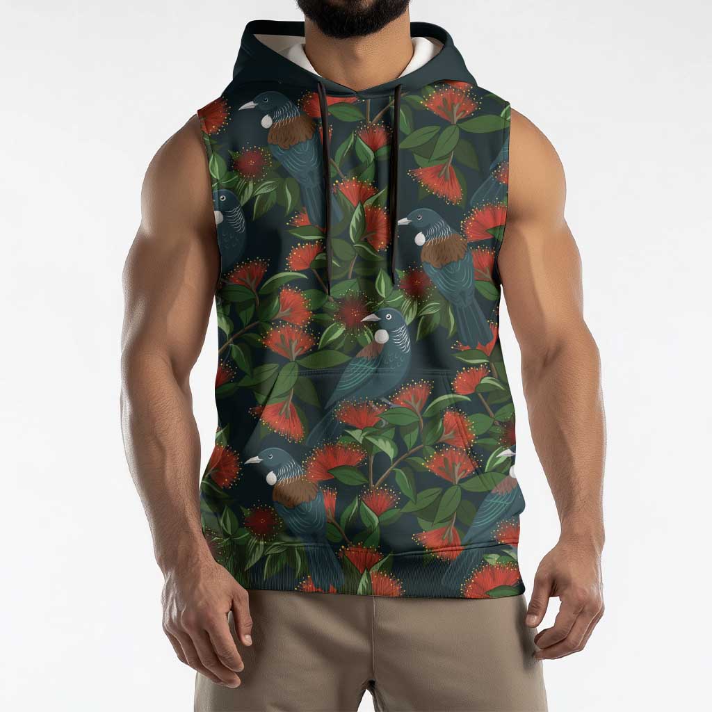 New Zealand Christmas Sleeveless Hoodie Romantic Tui Birds on Pohutukawa - Cobalt - Polynesian Pride