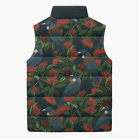New Zealand Christmas Sleeveless Puffer Jacket Romantic Tui Birds on Pohutukawa - Cobalt - Polynesian Pride