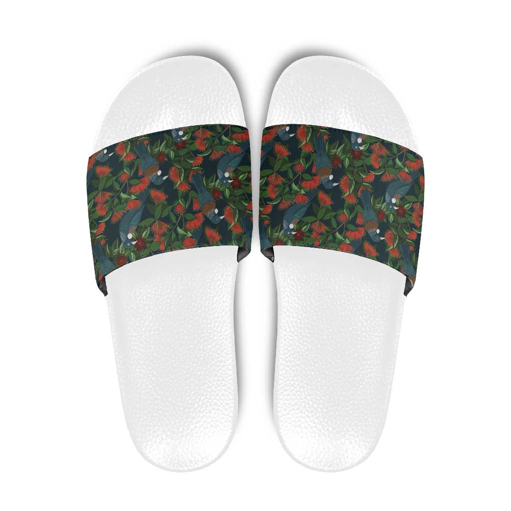 New Zealand Christmas Slide Sandals Romantic Tui Birds on Pohutukawa - Cobalt - Polynesian Pride