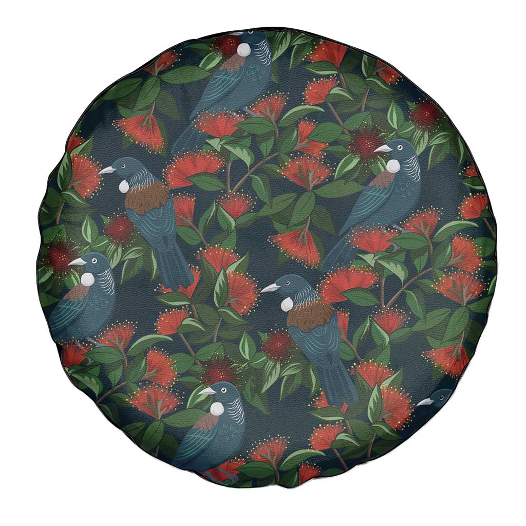 New Zealand Christmas Spare Tire Cover Romantic Tui Birds on Pohutukawa - Cobalt - Polynesian Pride