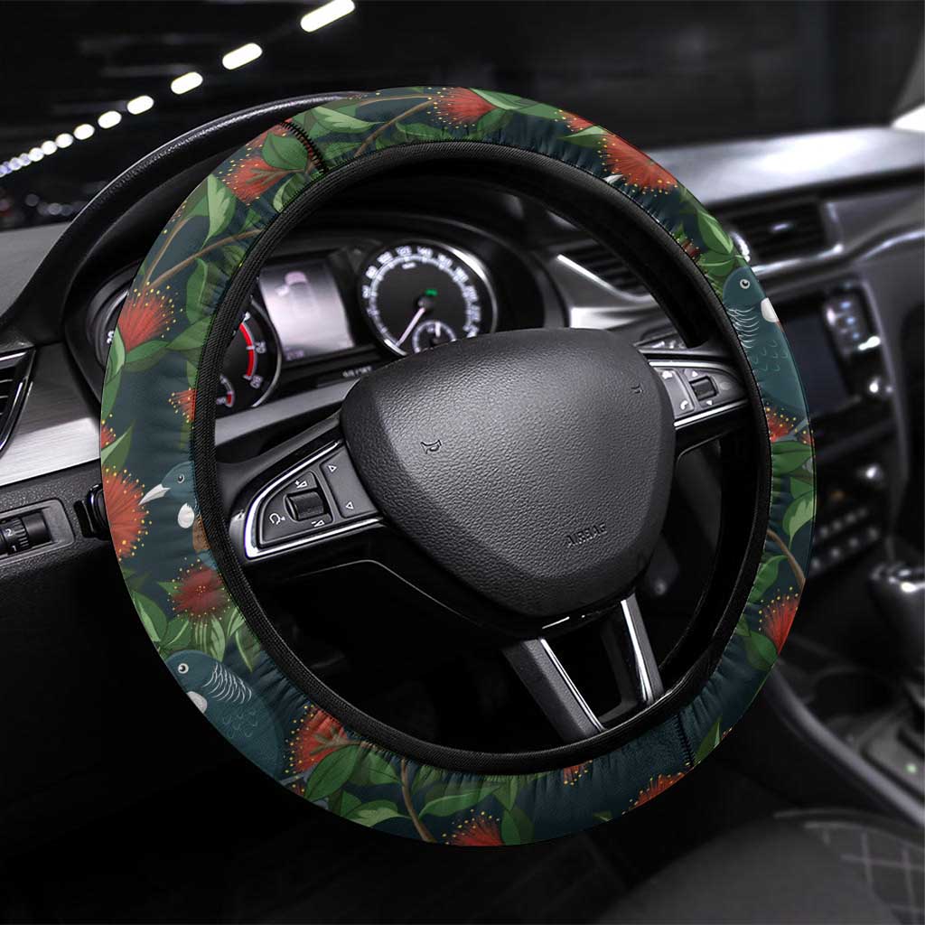 New Zealand Christmas Steering Wheel Cover Romantic Tui Birds on Pohutukawa - Cobalt - Polynesian Pride