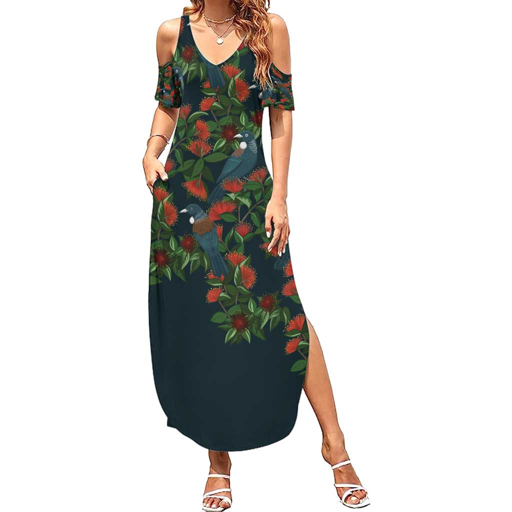 New Zealand Christmas Summer Maxi Dress Romantic Tui Birds on Pohutukawa - Cobalt - Polynesian Pride
