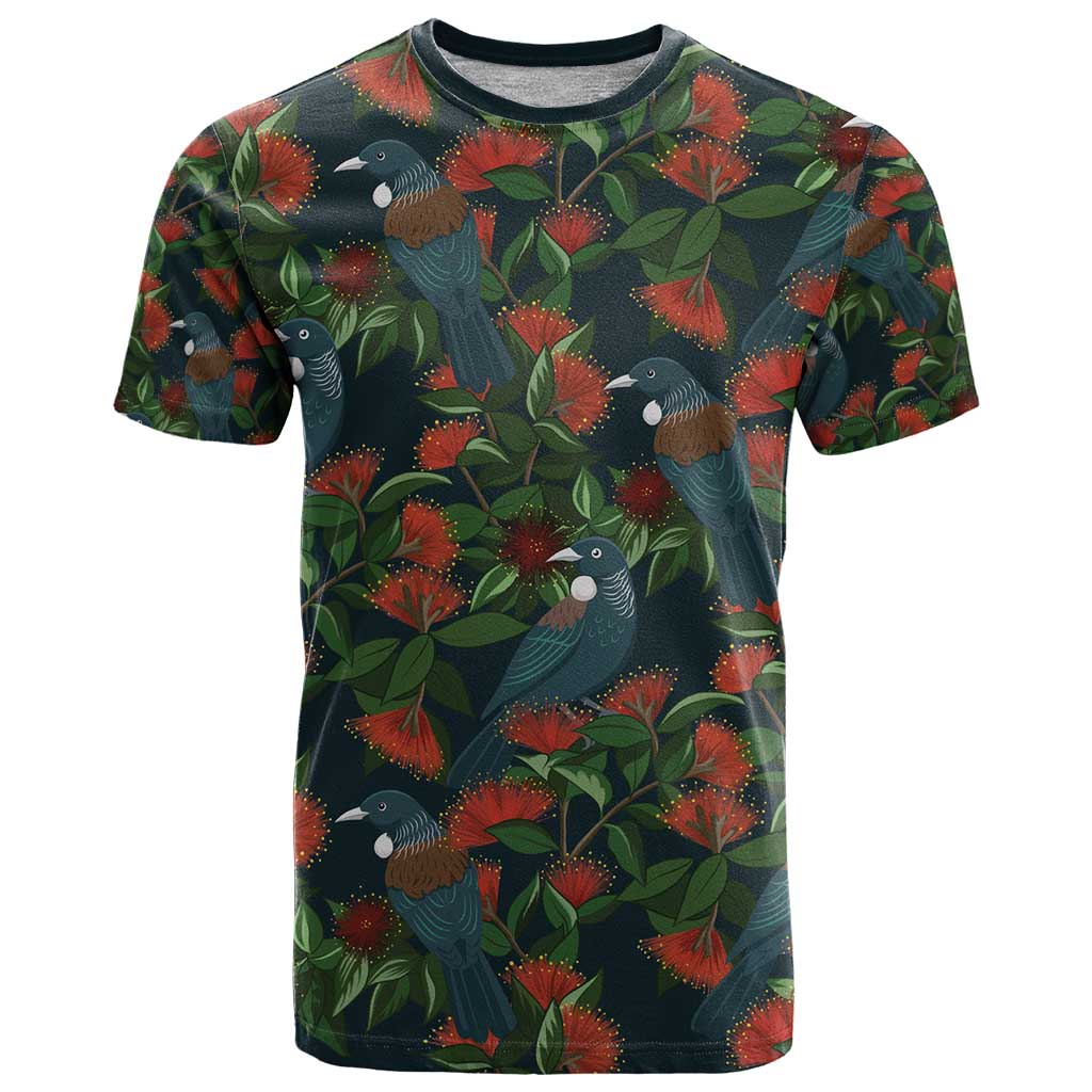 New Zealand Christmas T Shirt Romantic Tui Birds on Pohutukawa - Cobalt - Polynesian Pride