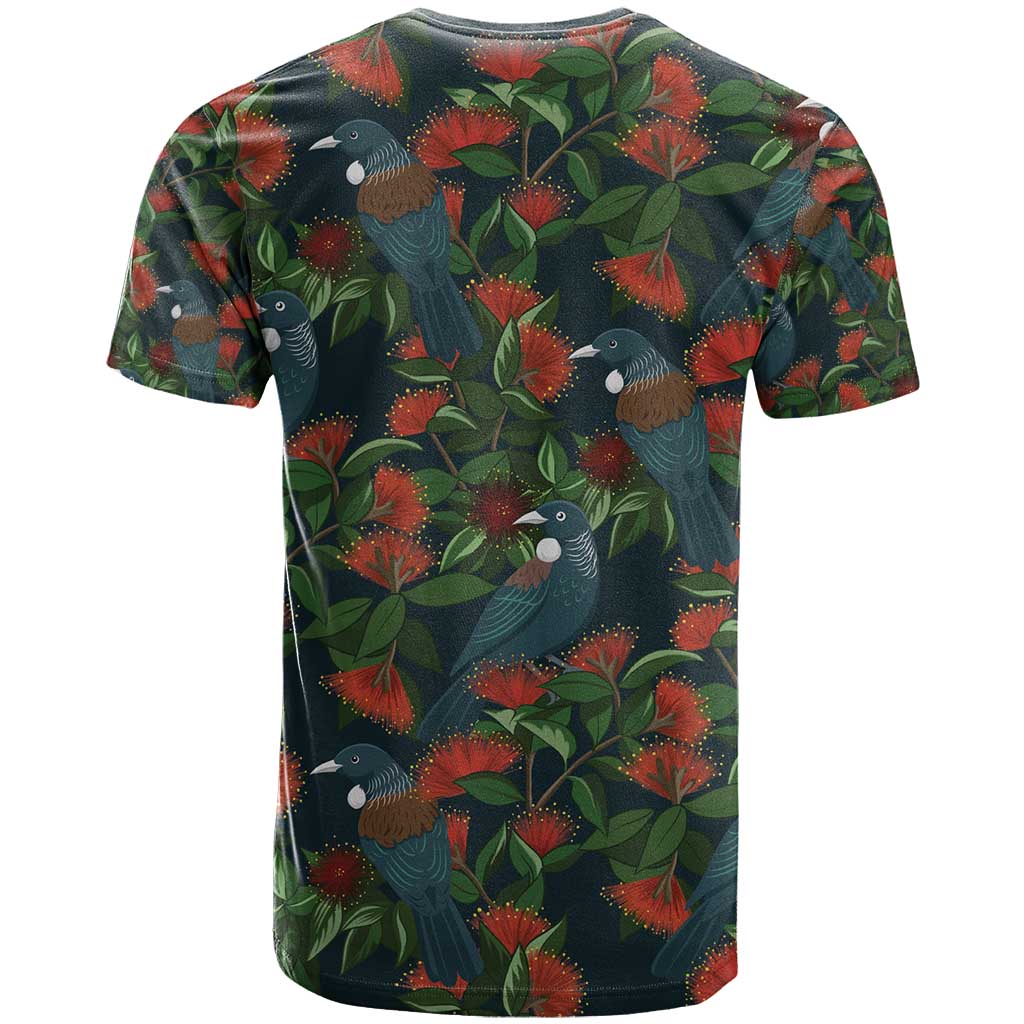 New Zealand Christmas T Shirt Romantic Tui Birds on Pohutukawa - Cobalt - Polynesian Pride