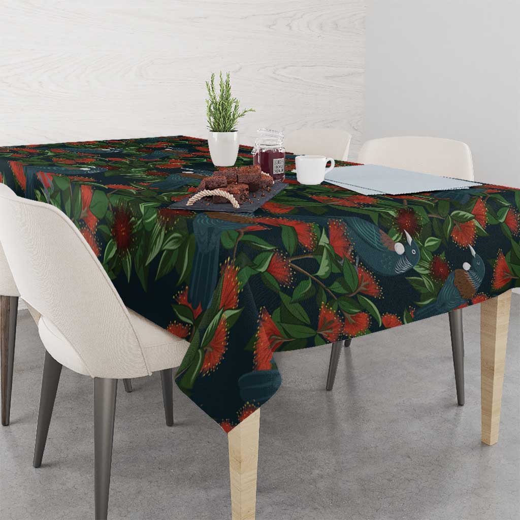 New Zealand Christmas Tablecloth Romantic Tui Birds on Pohutukawa - Cobalt - Polynesian Pride