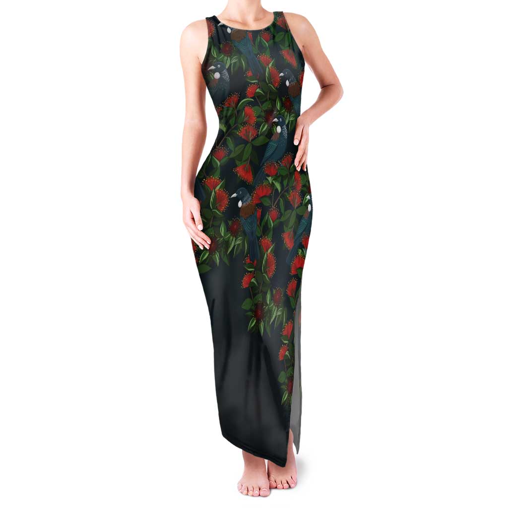 New Zealand Christmas Tank Maxi Dress Romantic Tui Birds on Pohutukawa - Cobalt - Polynesian Pride