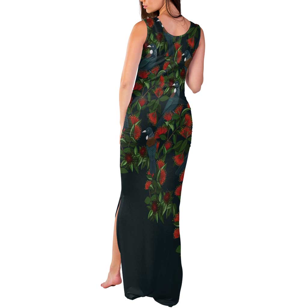 New Zealand Christmas Tank Maxi Dress Romantic Tui Birds on Pohutukawa - Cobalt - Polynesian Pride