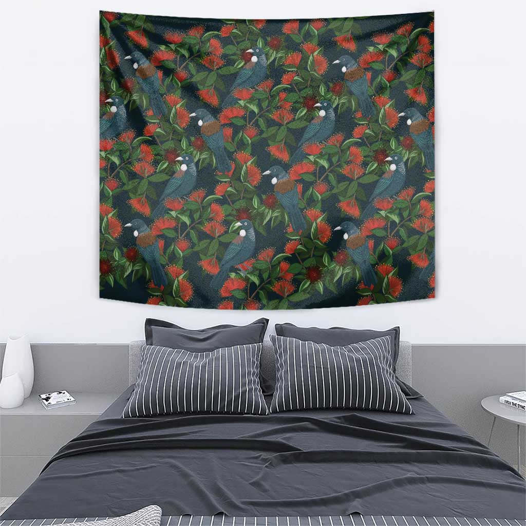 New Zealand Christmas Tapestry Romantic Tui Birds on Pohutukawa - Cobalt - Polynesian Pride
