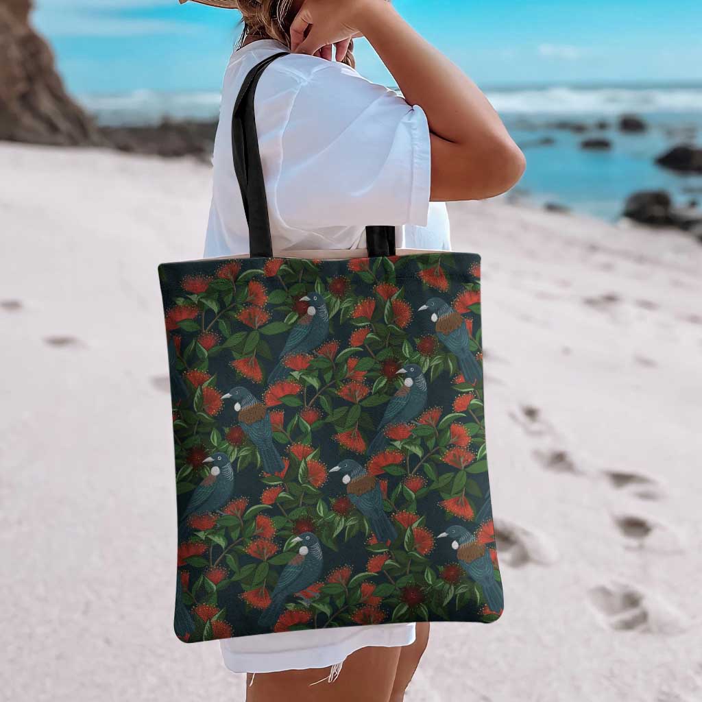 New Zealand Christmas Tote Bag Romantic Tui Birds on Pohutukawa - Cobalt - Polynesian Pride