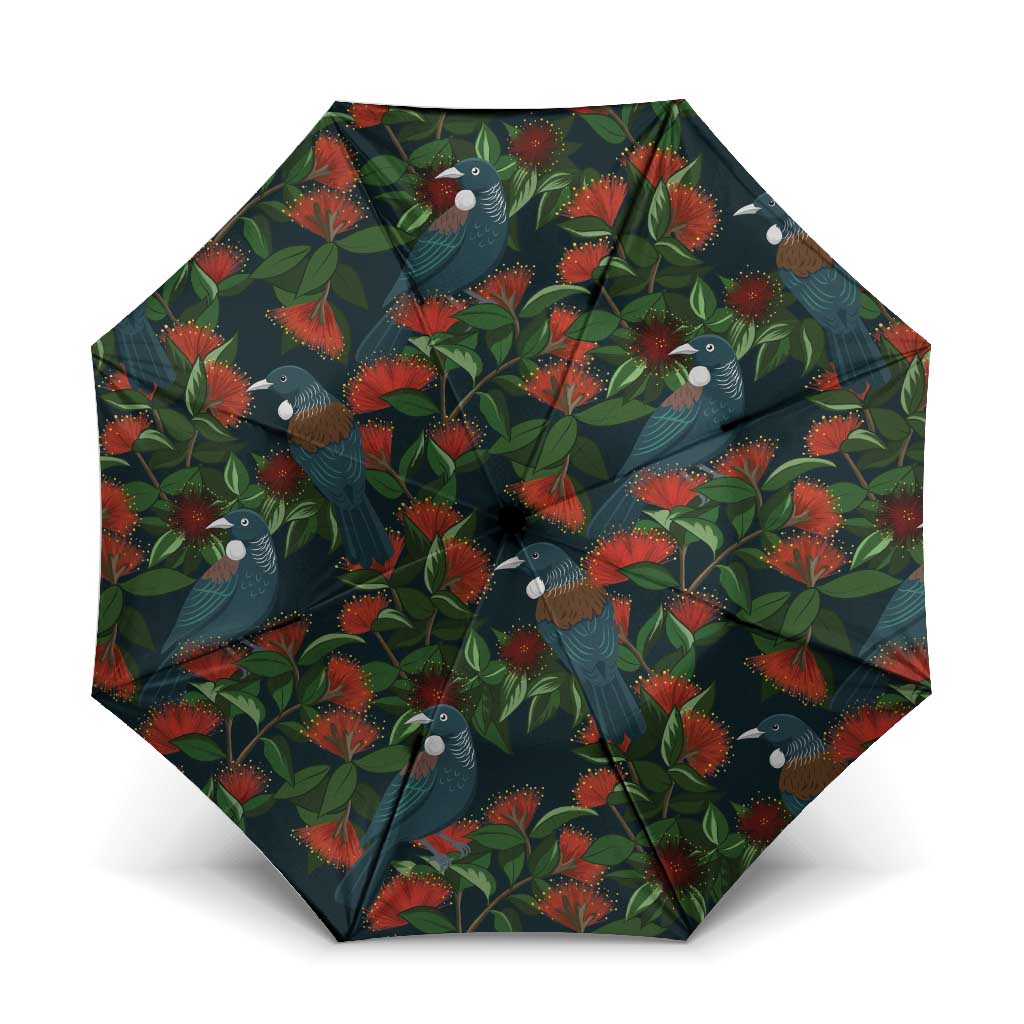 New Zealand Christmas Umbrella Romantic Tui Birds on Pohutukawa - Cobalt - Polynesian Pride