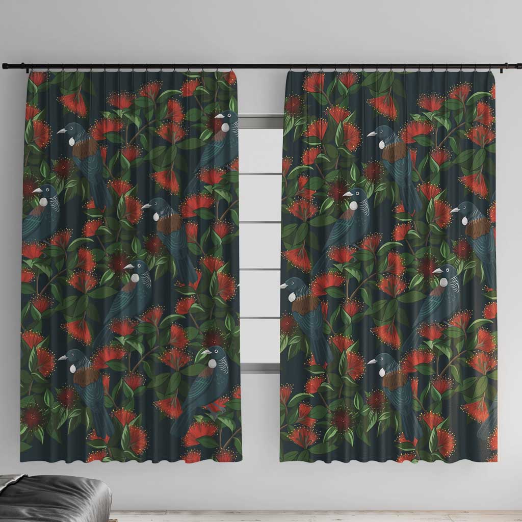 New Zealand Christmas Window Curtain Romantic Tui Birds on Pohutukawa - Cobalt - Polynesian Pride