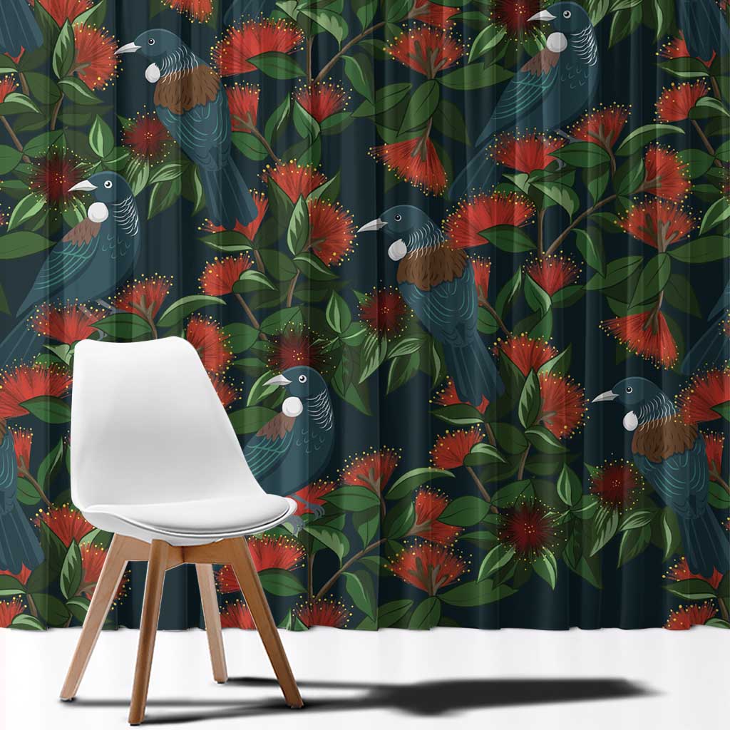 New Zealand Christmas Window Curtain Romantic Tui Birds on Pohutukawa - Cobalt - Polynesian Pride