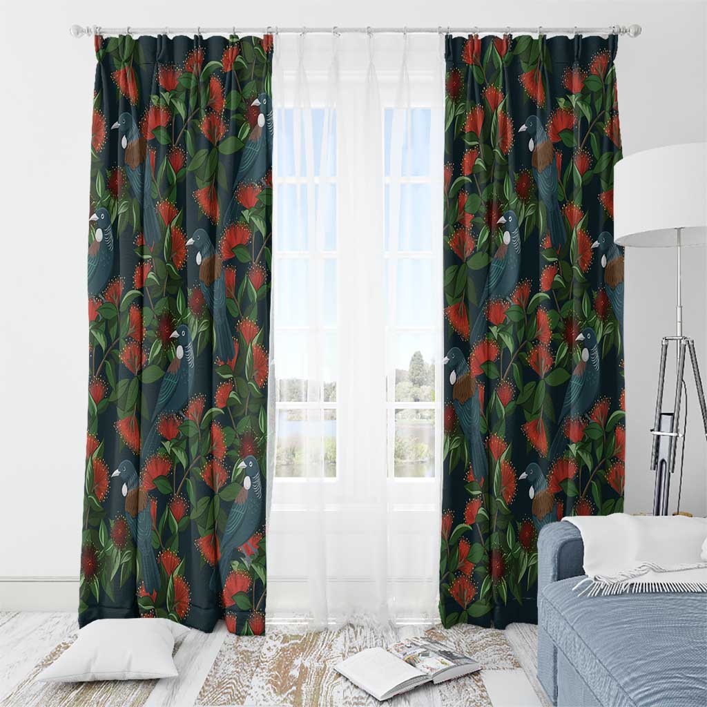 New Zealand Christmas Window Curtain Romantic Tui Birds on Pohutukawa - Cobalt - Polynesian Pride