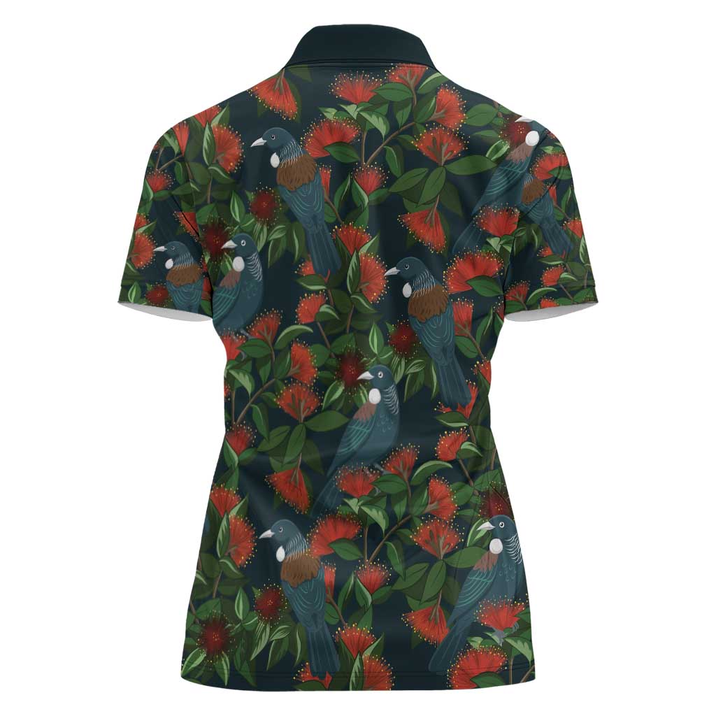 New Zealand Christmas Women Polo Shirt Romantic Tui Birds on Pohutukawa - Cobalt - Polynesian Pride