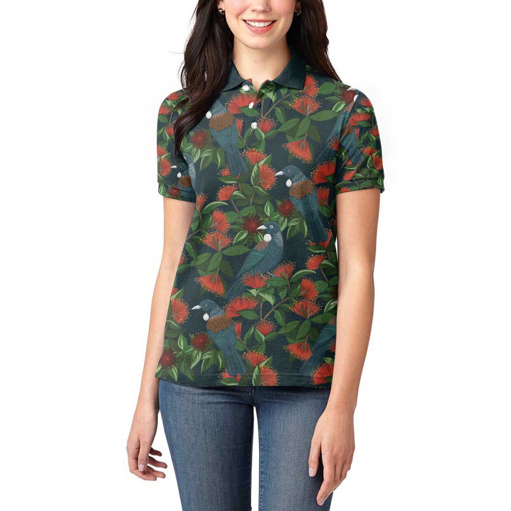New Zealand Christmas Women Polo Shirt Romantic Tui Birds on Pohutukawa - Cobalt - Polynesian Pride