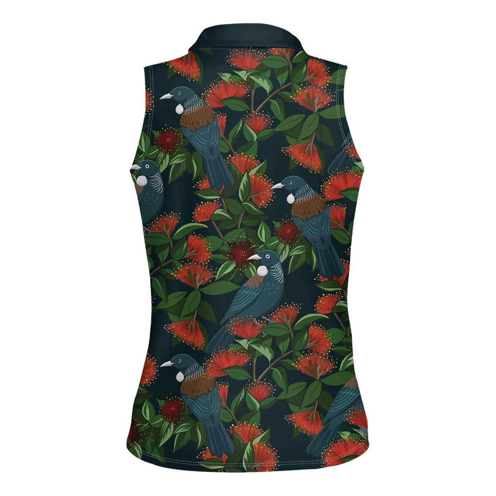 New Zealand Christmas Women Sleeveless Polo Shirt Romantic Tui Birds on Pohutukawa - Cobalt - Polynesian Pride