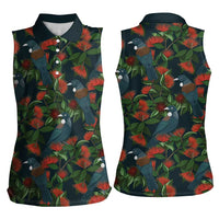 New Zealand Christmas Women Sleeveless Polo Shirt Romantic Tui Birds on Pohutukawa - Cobalt - Polynesian Pride