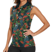 New Zealand Christmas Women Sleeveless Polo Shirt Romantic Tui Birds on Pohutukawa - Cobalt - Polynesian Pride