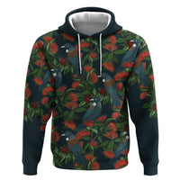 New Zealand Christmas Zip Hoodie Romantic Tui Birds on Pohutukawa - Cobalt - Polynesian Pride