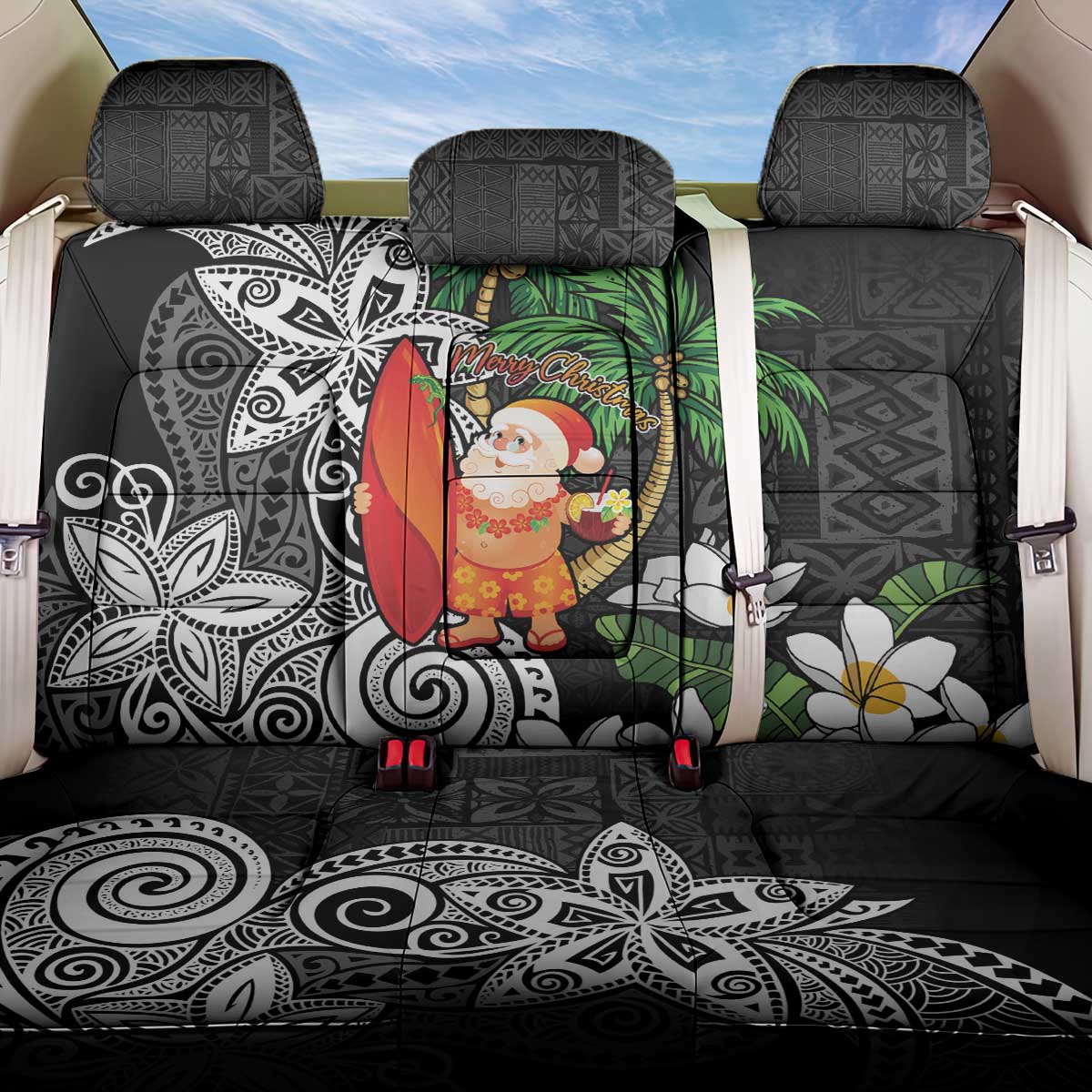 Polynesian Back Car Seat Cover Tropical Santa - Plumeria Black Vintage