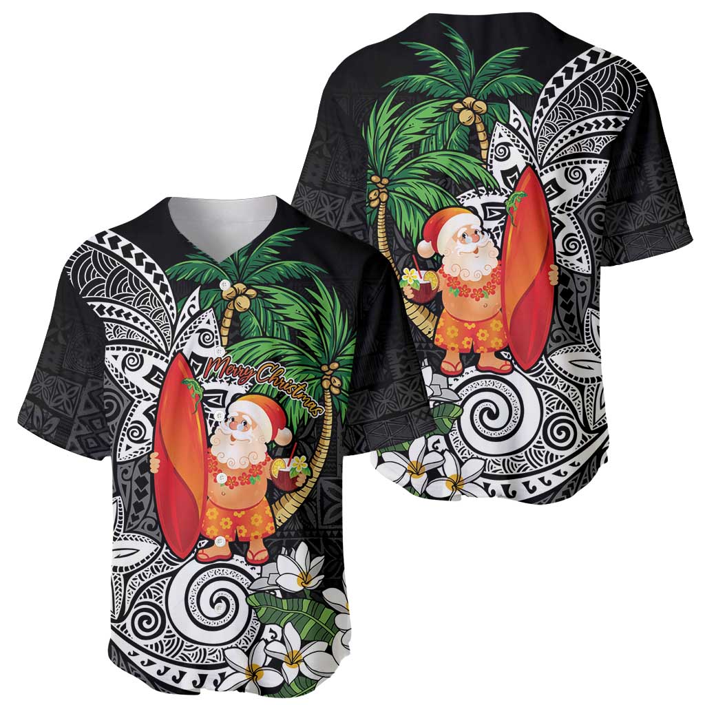 Polynesian Baseball Jersey Tropical Santa - Plumeria Black Vintage