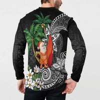 Polynesian Button Sweatshirt Tropical Santa - Plumeria Black Vintage