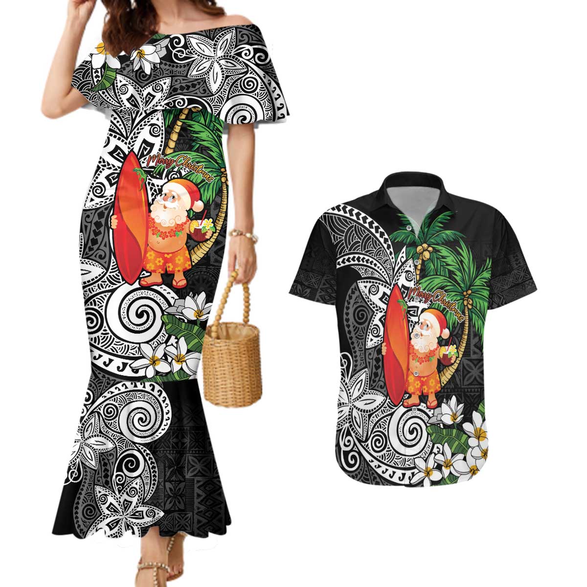 Polynesian Couples Matching Mermaid Dress and Hawaiian Shirt Tropical Santa - Plumeria Black Vintage LT7 Black - Polynesian Pride
