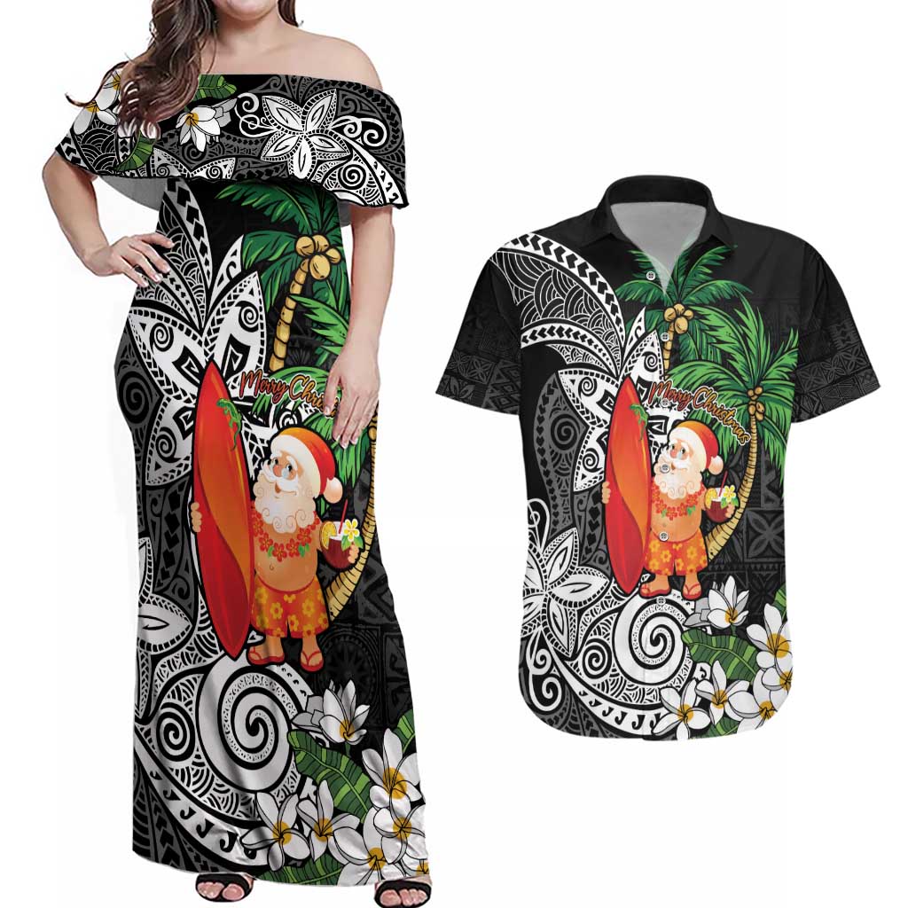 Polynesian Couples Matching Off Shoulder Maxi Dress and Hawaiian Shirt Tropical Santa - Plumeria Black Vintage