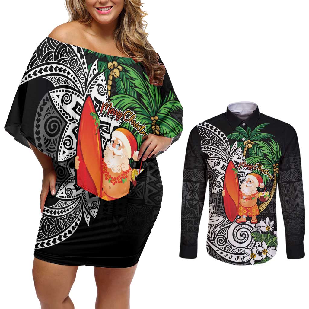 Polynesian Couples Matching Off Shoulder Short Dress and Long Sleeve Button Shirt Tropical Santa - Plumeria Black Vintage LT7 Black - Polynesian Pride