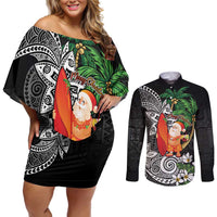 Polynesian Couples Matching Off Shoulder Short Dress and Long Sleeve Button Shirt Tropical Santa - Plumeria Black Vintage LT7 Black - Polynesian Pride