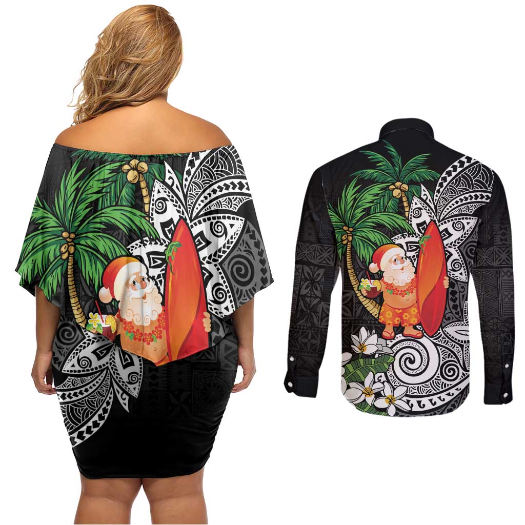 Polynesian Couples Matching Off Shoulder Short Dress and Long Sleeve Button Shirt Tropical Santa - Plumeria Black Vintage LT7 - Polynesian Pride