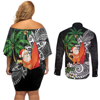 Polynesian Couples Matching Off Shoulder Short Dress and Long Sleeve Button Shirt Tropical Santa - Plumeria Black Vintage LT7 - Polynesian Pride