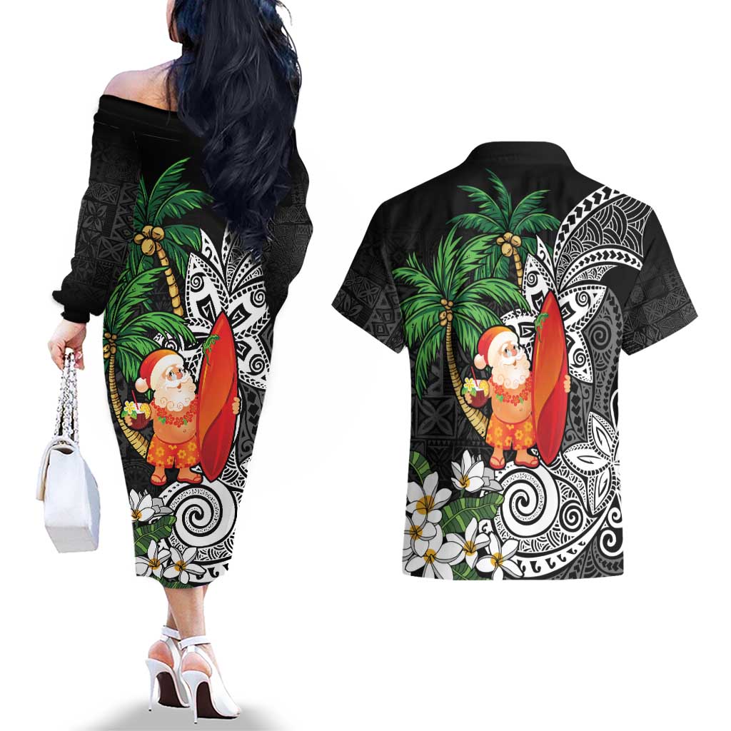 Polynesian Couples Matching Off The Shoulder Long Sleeve Dress and Hawaiian Shirt Tropical Santa - Plumeria Black Vintage LT7 - Polynesian Pride