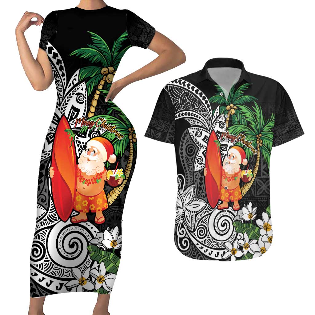 Polynesian Couples Matching Short Sleeve Bodycon Dress and Hawaiian Shirt Tropical Santa - Plumeria Black Vintage