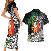 Polynesian Couples Matching Short Sleeve Bodycon Dress and Hawaiian Shirt Tropical Santa - Plumeria Black Vintage