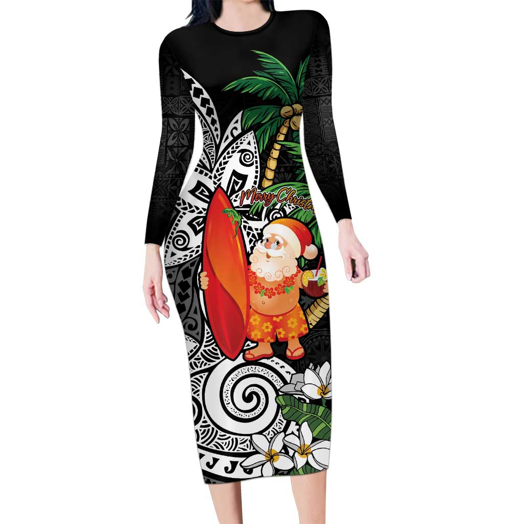 Polynesian Family Matching Long Sleeve Bodycon Dress and Hawaiian Shirt Tropical Santa - Plumeria Black Vintage LT7 Mom's Dress Black - Polynesian Pride