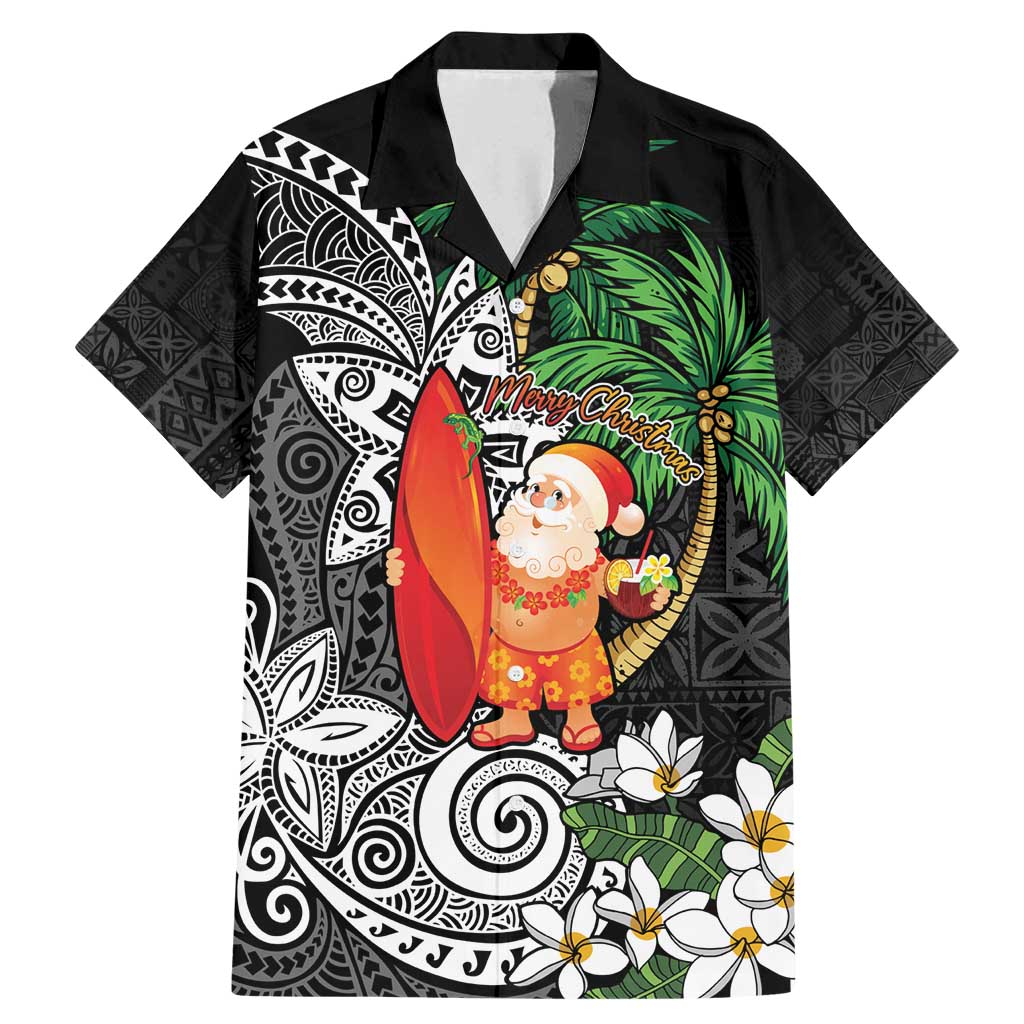Polynesian Family Matching Mermaid Dress and Hawaiian Shirt Tropical Santa - Plumeria Black Vintage LT7 Dad's Shirt - Short Sleeve Black - Polynesian Pride